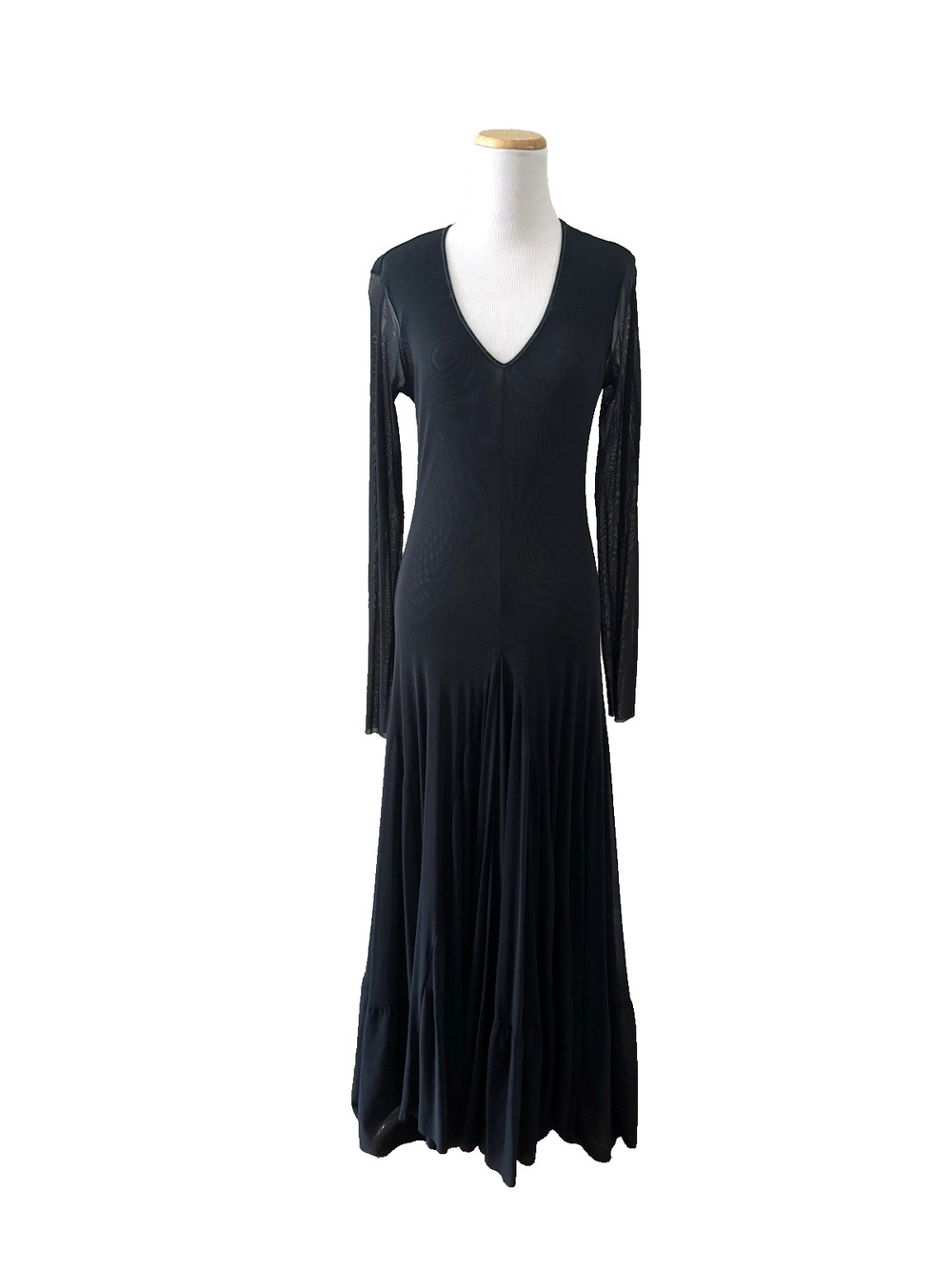 Fuzzi Italy Maxi Dress L Black Mesh Overlay + Slip V-Neck Long Sleeve Flowy